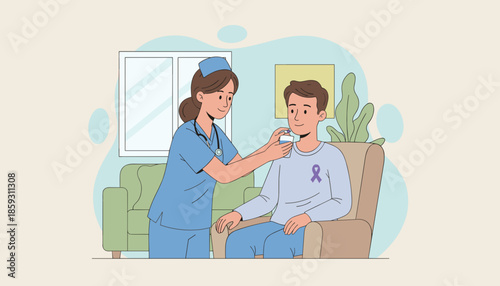 Nurse provides home care giving medication to a patient with a purple awareness ribbon