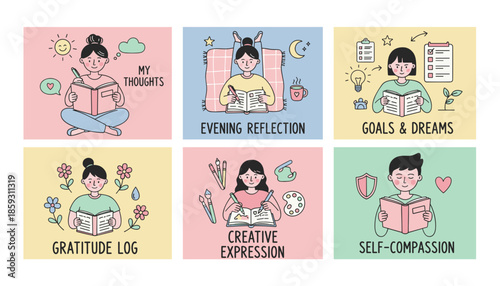 Journaling for selfcare goals gratitude reflection and creative expression Handdrawn mental health icons