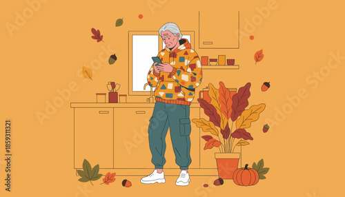Cozy fall kitchen scene Senior man browsing smartphone amidst autumn decor and warm colors