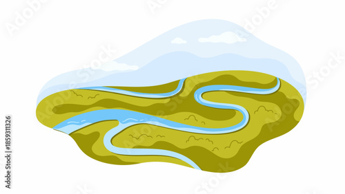 Aerial view illustration of a meandering blue river flowing through lush green hills and meadows under a bright sky