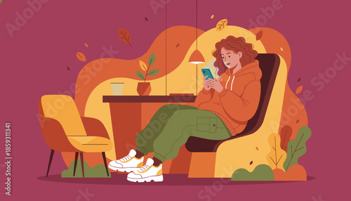 Woman uses smartphone sitting comfortably in a cozy autumnal indoor setting