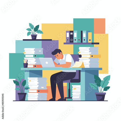 Overworked and stressed businessman drowning in paperwork and files at his messy office desk