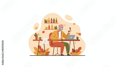 Angry senior man taking a stressful phone call at his autumn home office desk Professional frustration