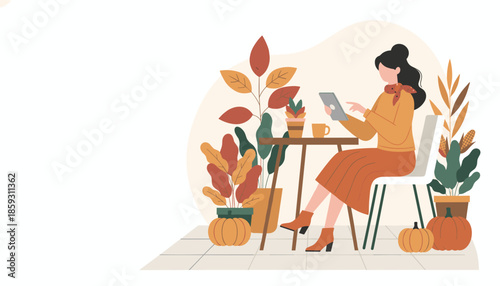 Woman using a tablet on an autumn patio surrounded by fall decorations and plants Cozy remote work