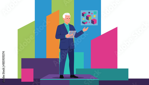 Senior businessman presents data visualization on a modern stage using futuristic digital technology