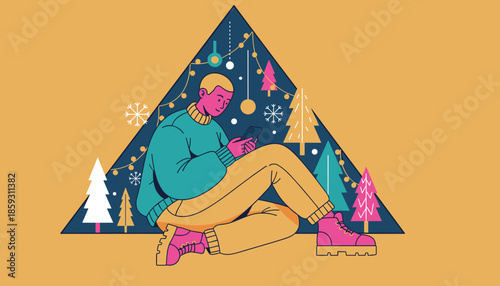 Casual man using phone in stylized winter landscape Holiday digital connection concept