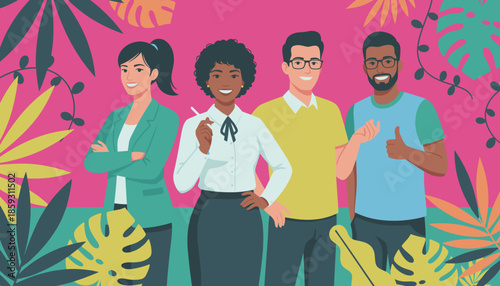 Diverse professional team portrait against a vibrant tropical background Business success teamwork and modern office