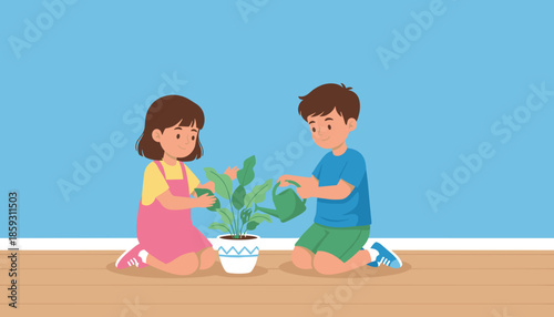 Happy children watering and caring for a houseplant Childhood activity ecofriendly hobby
