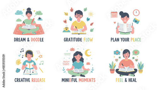 Selfcare and wellness routine illustrations journaling planning meditation and creative activities