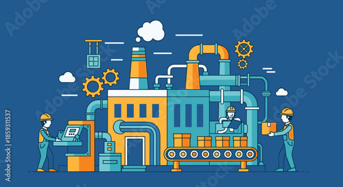 Industrial manufacturing process with engineers and automated machinery Production line concept
