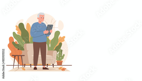 Senior man struggles with a tablet looking frustrated by technology in a cozy autumndecorated room