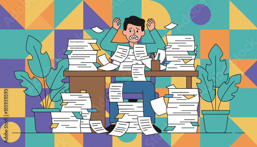 Overwhelmed businessman drowning in paperwork and excessive workload Illustration of office stress