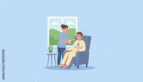 Home health aide gives medicine to ill man with awareness ribbon Professional medical care