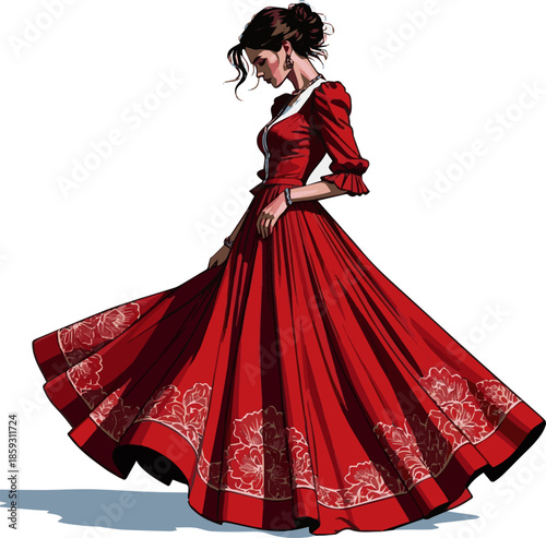 Create a realistic woman in a red vintage dress standing vector art with white background.