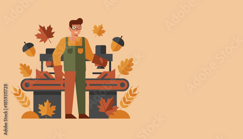 Woodworker in overalls operating factory machinery surrounded by autumn leaves and harvest elements