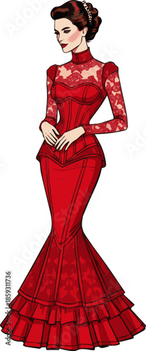 Create a realistic woman in a red vintage dress standing vector art with white background.
