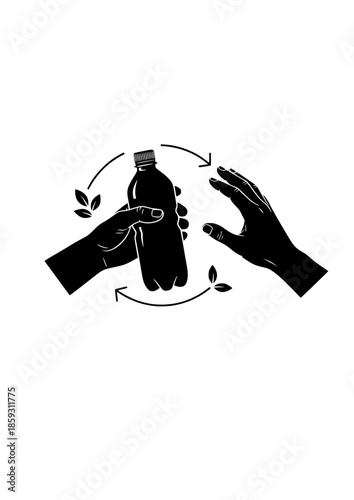 Circular Economy Silhouette of Hands Recycling Plastic Bottle for Environmental Protection and Waste Management Graphic