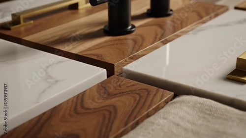 A close-up cinematic dolly shot glides slowly over a sophisticated kitchen interior design mood board displaying glossy white marble and natural dark wood samples kitchen, home, elegance