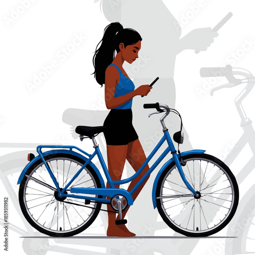 Create a realistic Young beautiful black woman with a blue retro bike standing and looking at her phone vector art with white background.