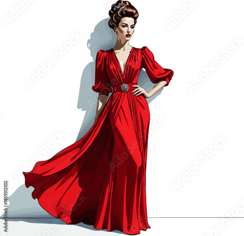 Create a realistic woman in a red vintage dress standing vector art with white background.