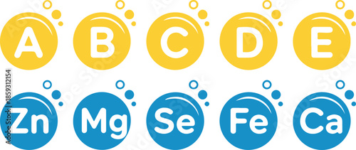 Yellow and blue circular icons featuring vitamin and mineral labels
