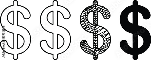 Set of four dollar currency signs in outline and solid styles