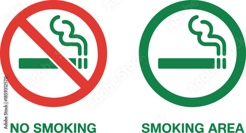 No smoking prohibition symbol next to smoking permitted area sign
