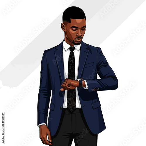 Create a realistic Young handsome black man wearing an elegant suit standing and looking at his watch vector art with white background.