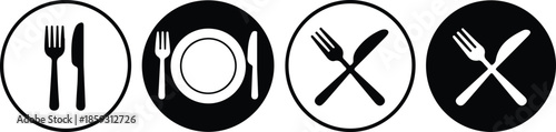 Dining cutlery set icons with fork and knife on transparent circle