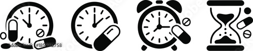 Medication reminder clock icons with pills capsules and hourglass