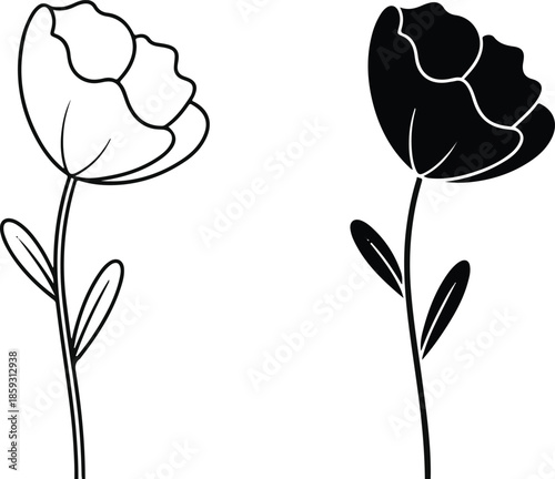 Single tulip flower icons in outline and solid styles set vector