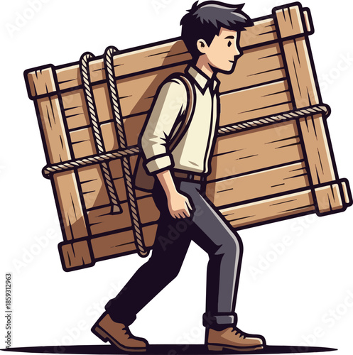  Create a realistic Young man carrying large wooden parcel vector art with white background.