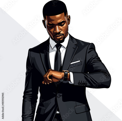 Create a realistic Young handsome black man wearing an elegant suit standing and looking at his watch vector art with white background.