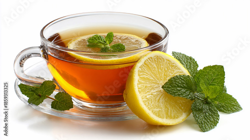 Fresh tea with lemon and mint in glass cup on white background