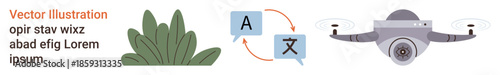 Communication, language services, exploration, technology, nature, modern solutions. Speech bubbles with letters, green foliage and a quadcopter. Communication and language services concept