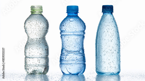 Three water bottles with condensation on a white background