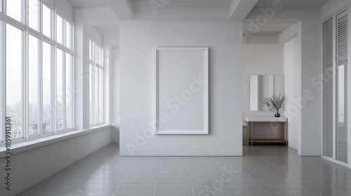 Modern room with large windows and empty wall space for art display