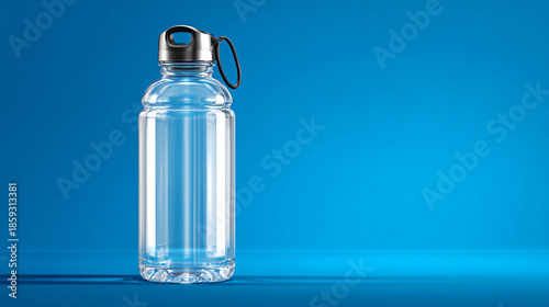 Clear water bottle on blue background with simple design