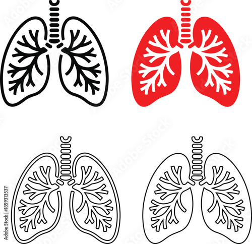 Human lungs respiratory system anatomy icons outline and color