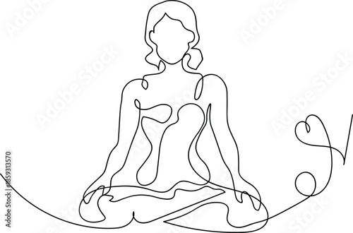 Woman doing exercise yoga lotus Pose. Mindful meditation: a continuous line art depiction of tranquility and inner peace. This minimalist continuous line art illustration depicts a serene figure, lik
