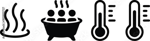 Black icons of hot tub steam and thermometers showing temperature variations