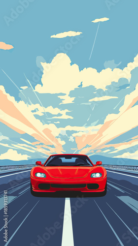 Red Sports Car Driving on Open Highway Road under Dramatic Cloudy Sky with Minimalist Flat Vector Style Sunset Lighting and Dynamic Perspective