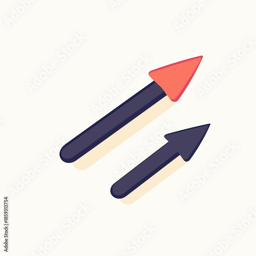 Minimalist flat vector illustration of two upward arrows with shadow, one red arrow and one black arrow symbolizing growth, progress, and direction