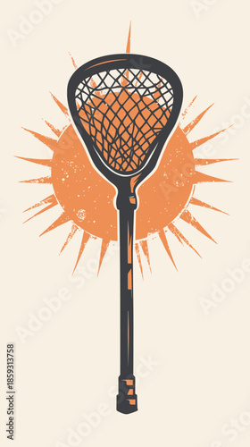 Vintage lacrosse stick with net silhouette overlaying retro orange sunburst background textured vector art for sports and outdoor design