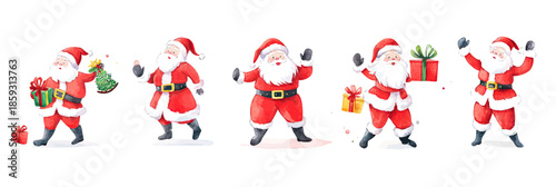 Watercolor Santa Claus characters in festive poses with Christmas gifts and holiday cheer colorful vector illustration set for winter celebration design