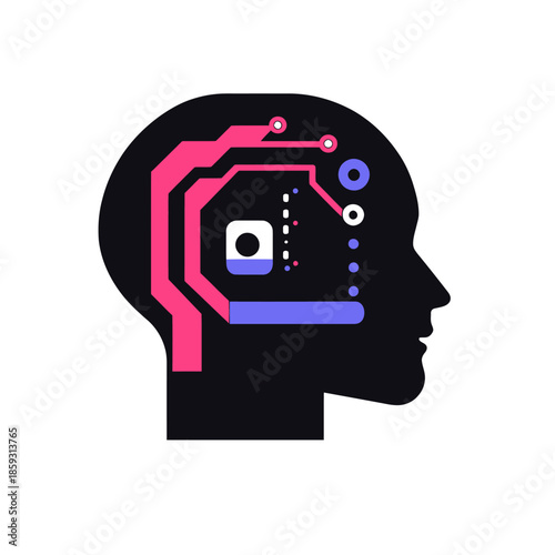 Minimalist flat vector icon of human head silhouette with colorful digital circuitry and artificial intelligence technology symbols inside brain area representing AI and machine learning concepts