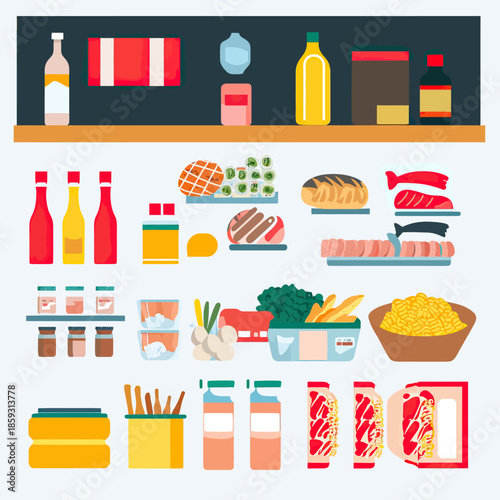 Flat minimalist vector illustration of assorted supermarket groceries including beverages, packaged foods, fresh bread, meat, vegetables, and snacks arranged on shelves and bowls in vibrant colors
