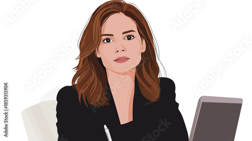 Confident business woman with brown hair sitting at desk with laptop and pen in minimalist flat vector office illustration