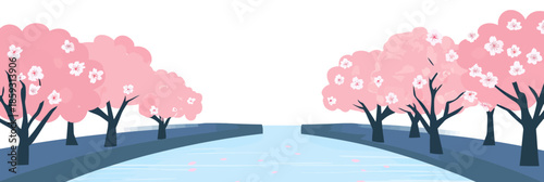 Minimalist vector illustration of tranquil cherry blossom trees lining calm riverbanks with scattered petals on water surface in spring landscape panorama