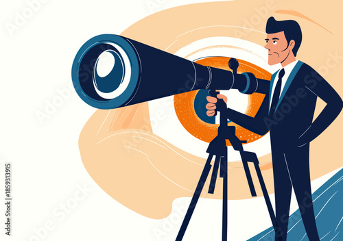 Businessman in suit looking through large telescope on tripod with abstract eye in background flat vector illustration for vision concept and future planning